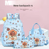 A set of light blue cartoon animal backpacks featuring cute orange bears and various colorful icons.