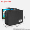 A black 1-layer storage bag designed for an iPad mini, showing its dimensions and features.