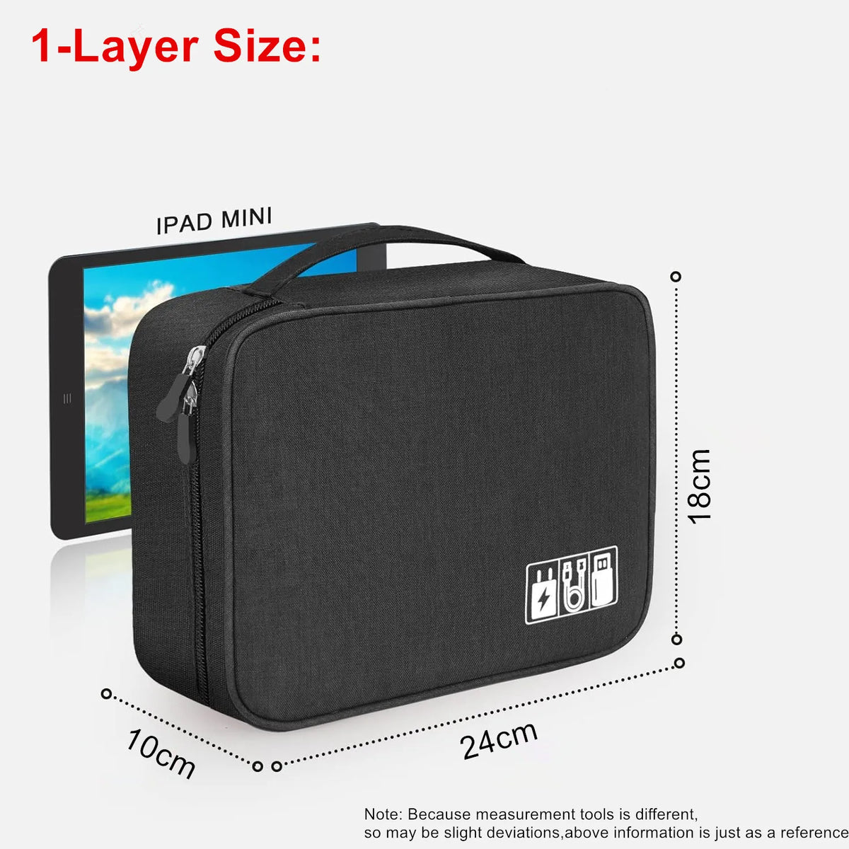 A black 1-layer storage bag designed for an iPad mini, showing its dimensions and features.