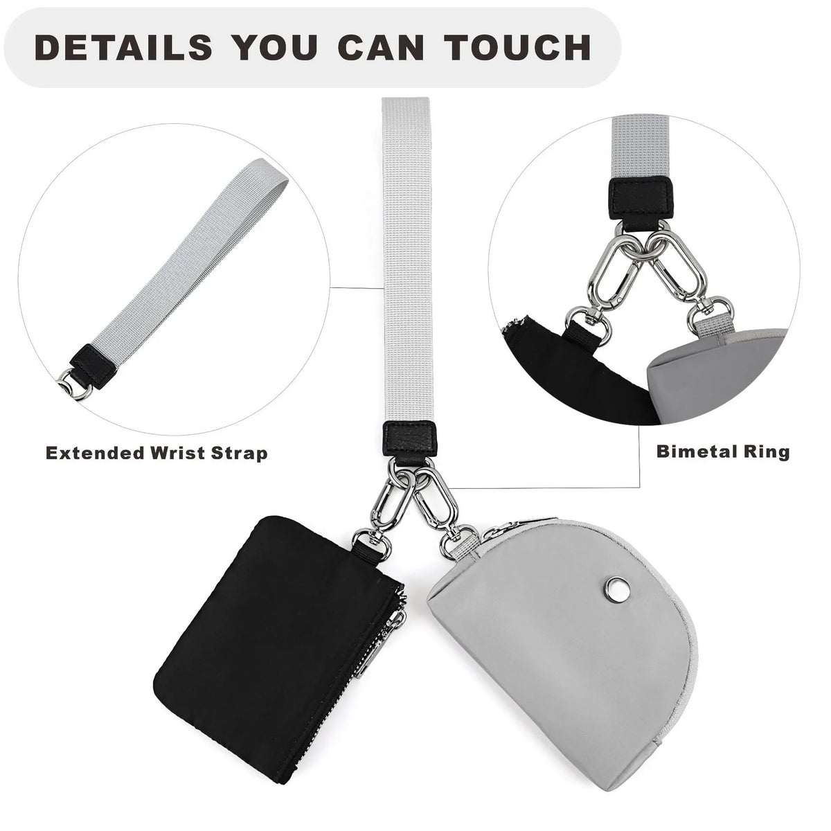 Details of a mini zip around wristlet wallet showing an extended wrist strap, a bimetal ring, and the wallet itself.