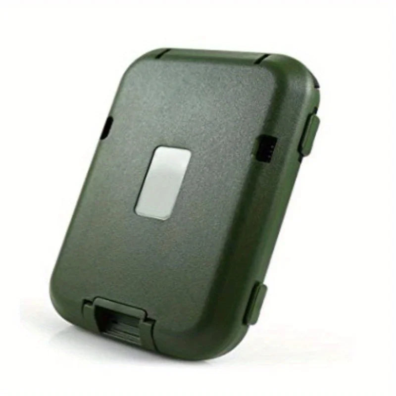 A dark olive green anti-RFID blocking metal ID card wallet with a protective case.