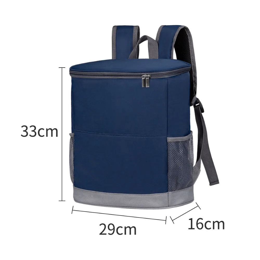 A navy blue insulated cooler backpack with gray accents and a mesh pocket, shown with dimensions.