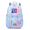 A light blue and pink Hunterx backpack featuring colorful graphic prints and a fluffy pink pom-pom.