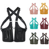 A collection of vintage tactical chest bags in black, pink, yellow, and green colors.