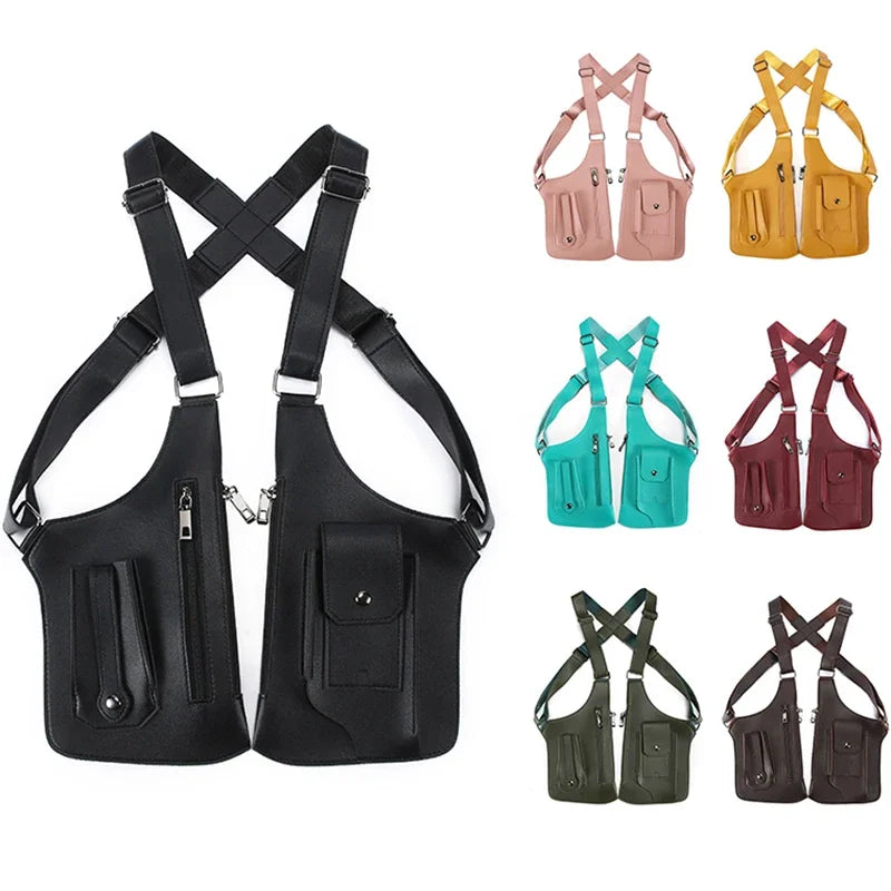 A collection of vintage tactical chest bags in black, pink, yellow, and green colors.