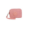 A pink compact three-layer nylon zipper pouch with a leather strap and embossed lettering.