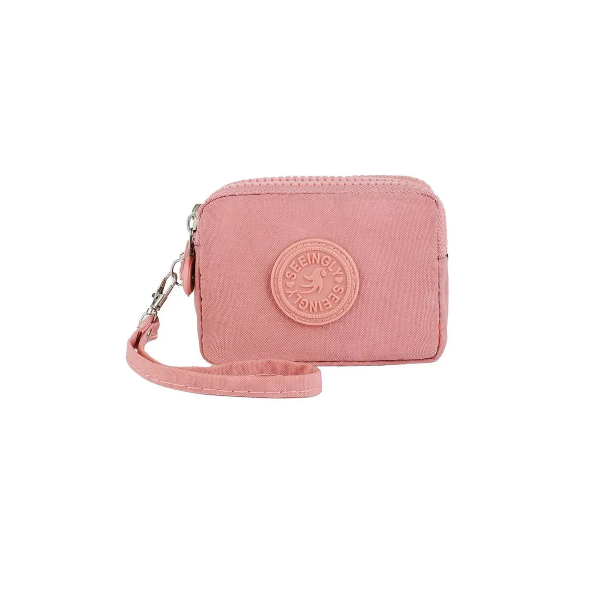 A pink compact three-layer nylon zipper pouch with a leather strap and embossed lettering.