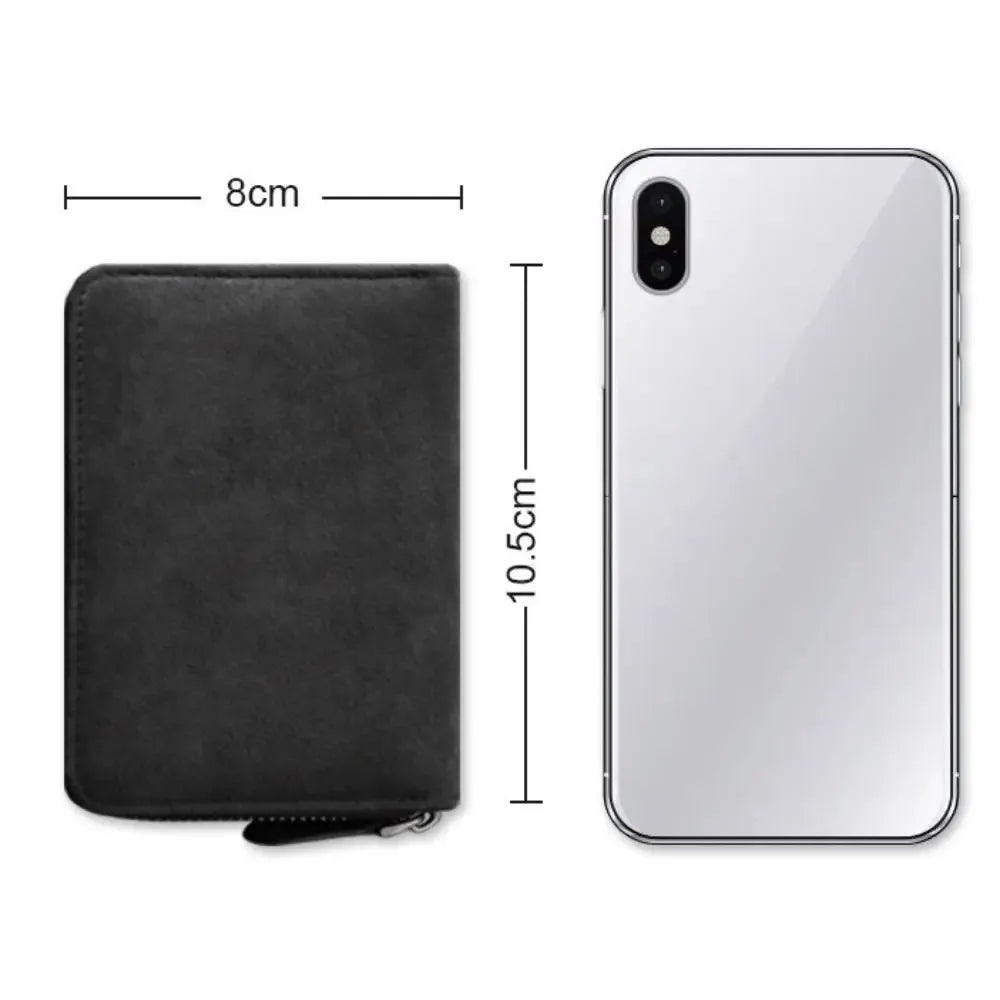 Black compact card wallet with 11 slots shown next to a smartphone for scale.