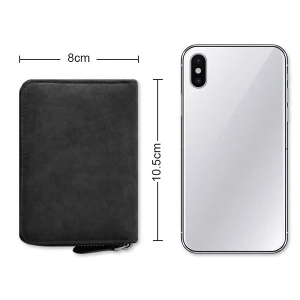 Black compact card wallet with 11 slots shown next to a smartphone for scale.