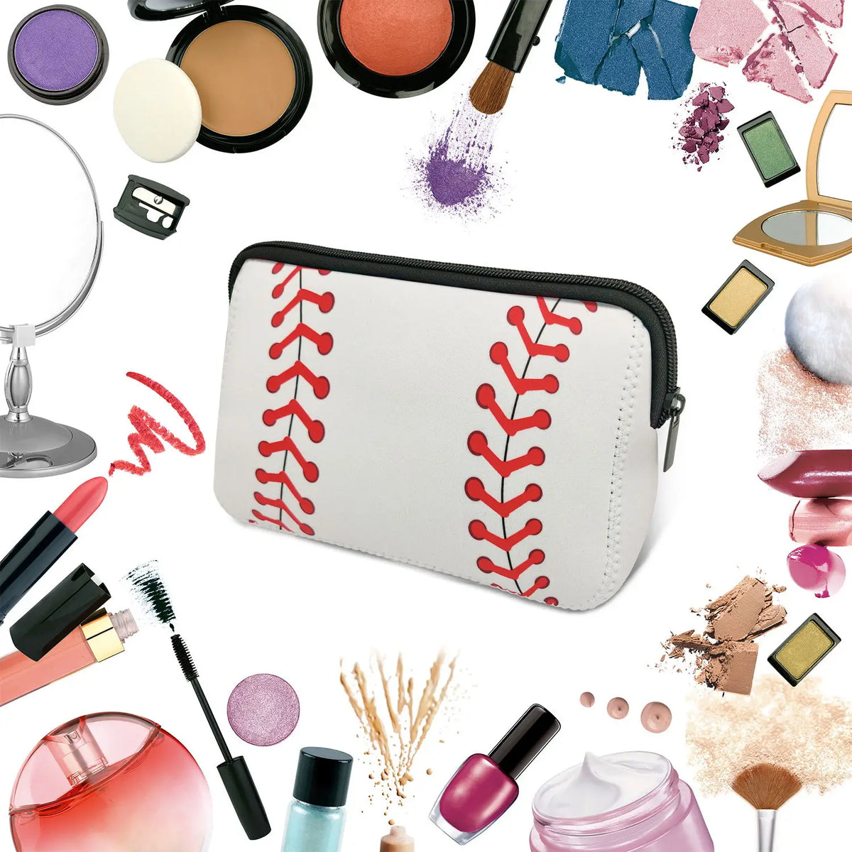 A white cosmetic organizer bag with red embroidery, surrounded by various makeup products and tools.
