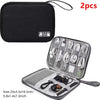 A black portable digital organizer storage pouch with an open compartment showing multiple wires and accessories.