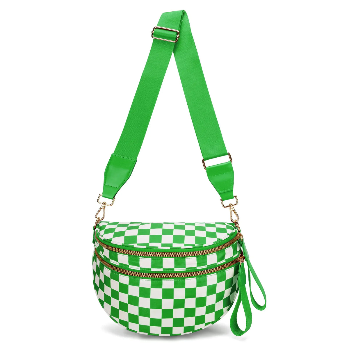 Helles grünes kariertes Crossbody-Taschen mit goldfarbenem Riemen und grünen Schnürdetails.