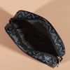 A black fashion crossbody shoulder bag with a patterned fabric and gold hardware shown from above.