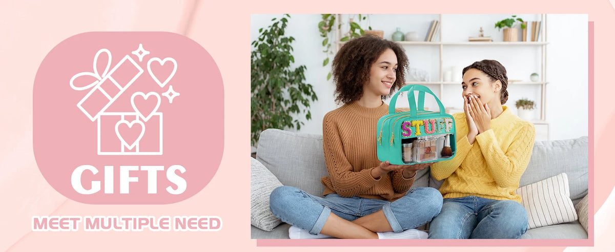 Two young adults smiling while holding a clear makeup bag with chenille letters and waterproof design.