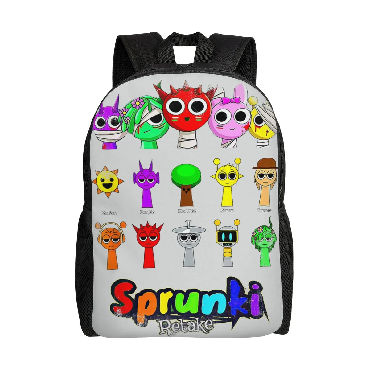 A black backpack featuring colorful cartoon characters and the Sprunki Retake logo on the front.