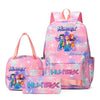 A pink and purple multi-compartment backpack set featuring the Huntrix theme with a large backpack and separate pouches.