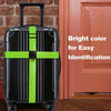 Black rolling suitcase with a bright lime green strap for easy identification