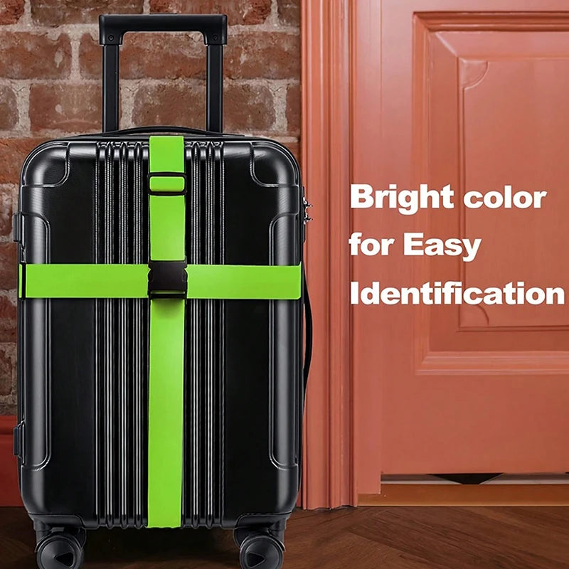 Black rolling suitcase with a bright lime green strap for easy identification