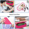 A multi-function pink and purple leather pencil case set shown in various uses.