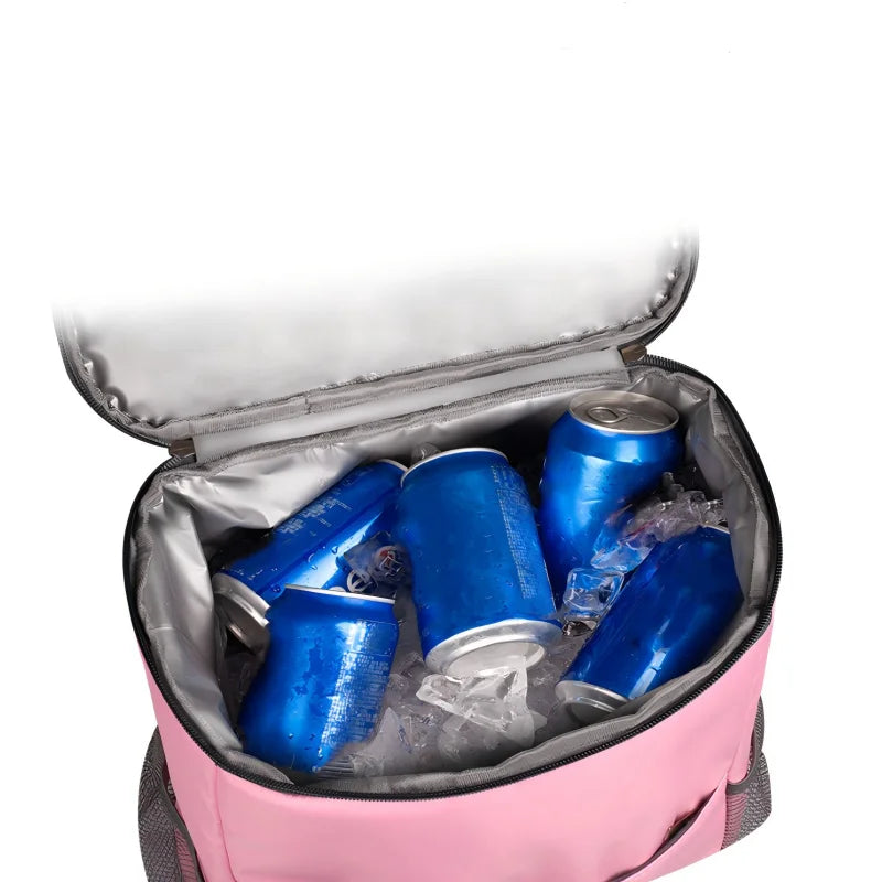 A pink backpack containing a blue insulated cooler with ice packs.