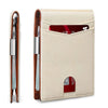 A beige leather card wallet with a slot for a pen and a card slot.