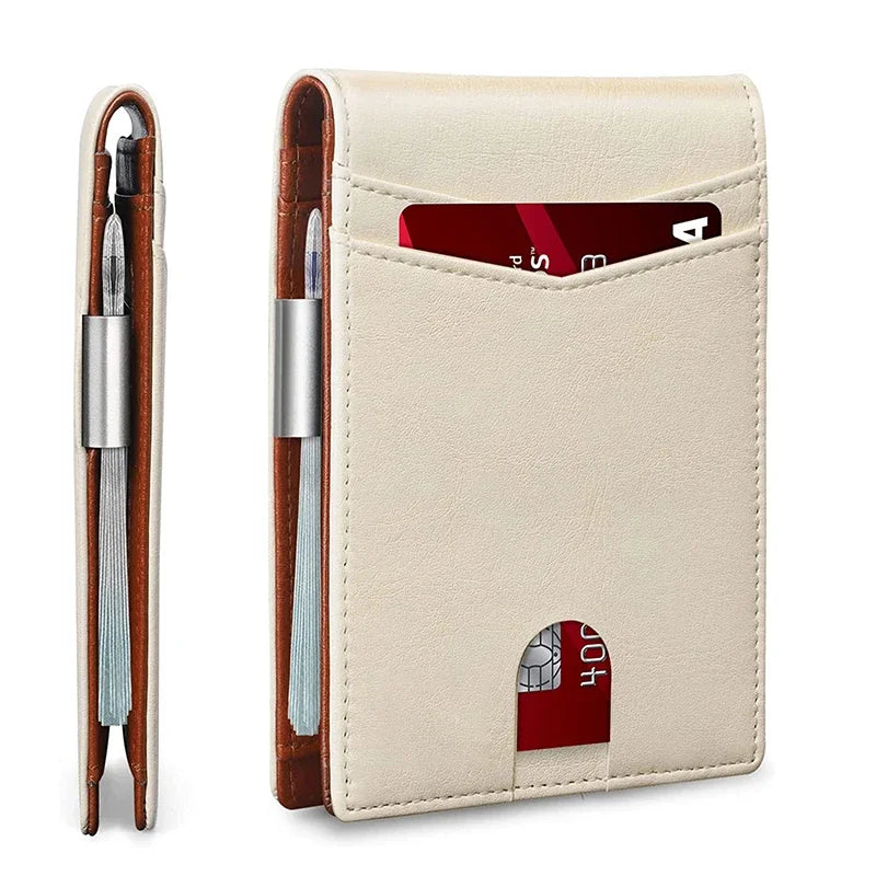 A beige leather card wallet with a slot for a pen and a card slot.