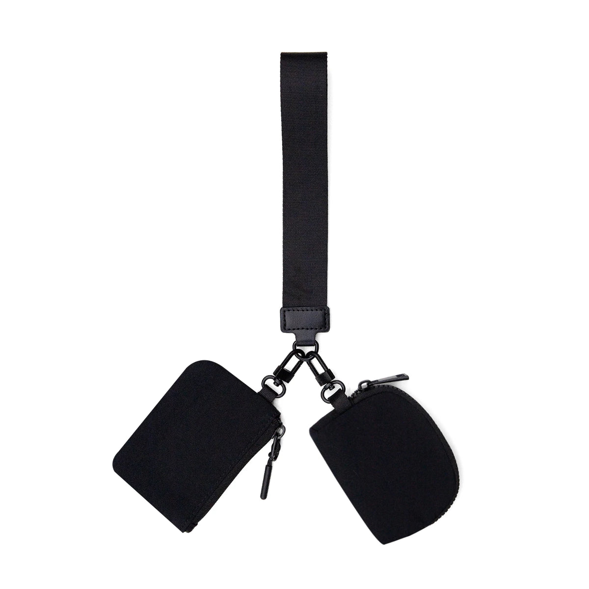 Black mini nylon zip wristlet coin purse with a strap and attached pouch.