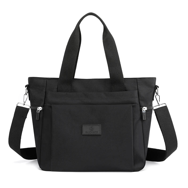 Black durable nylon tote bag with black straps and zipper closure