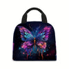 A dark blue insulated lunch tote bag featuring a vibrant, iridescent butterfly print with purple and blue hues.