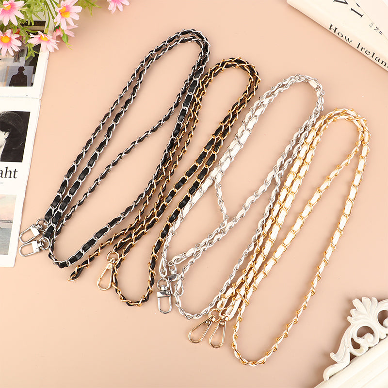 A collection of adjustable leather crossbody purse chain straps in various finishes including black, gold, and silver.