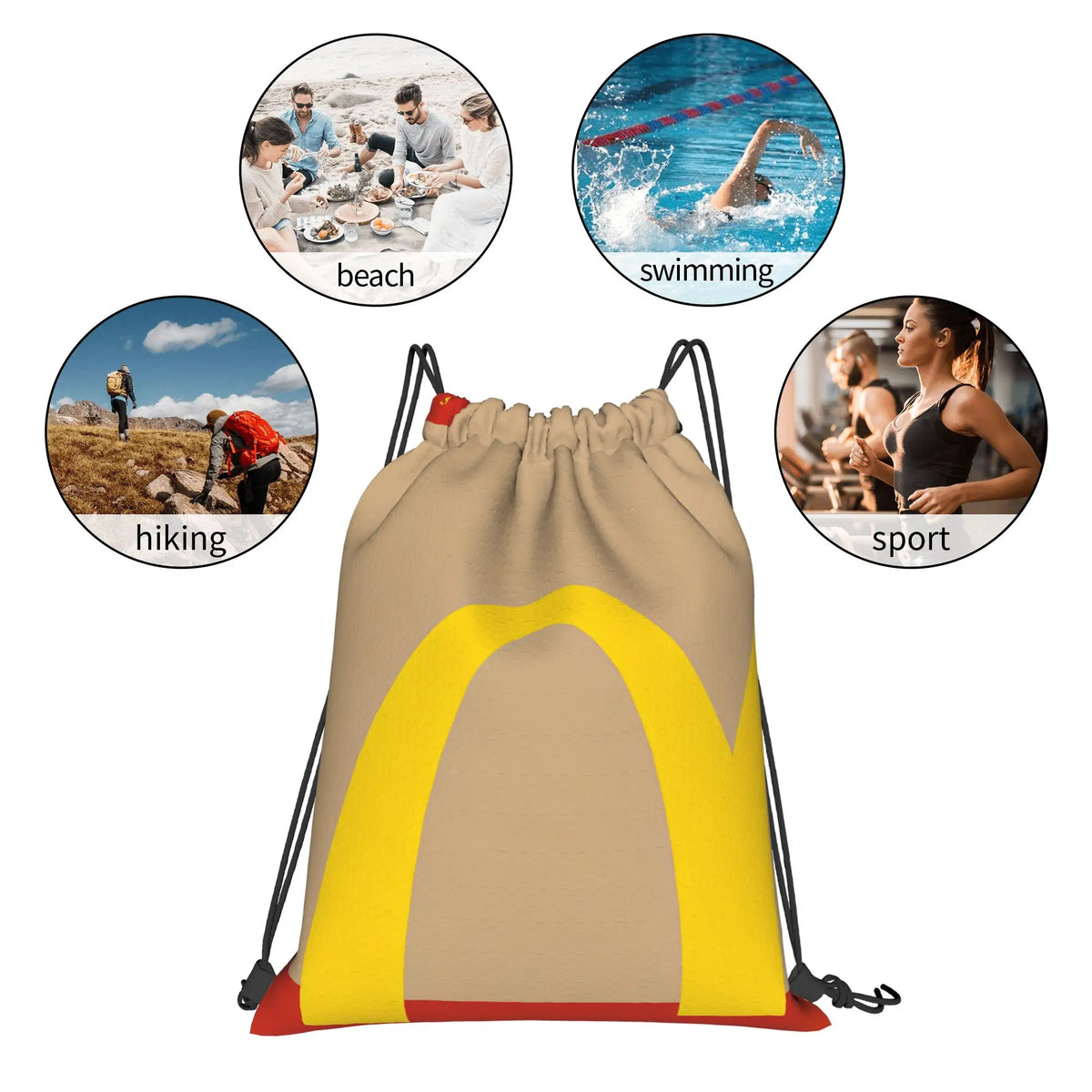 A beige drawstring bag with a yellow arch design, shown alongside icons representing beach, swimming, hiking, and sport activ
