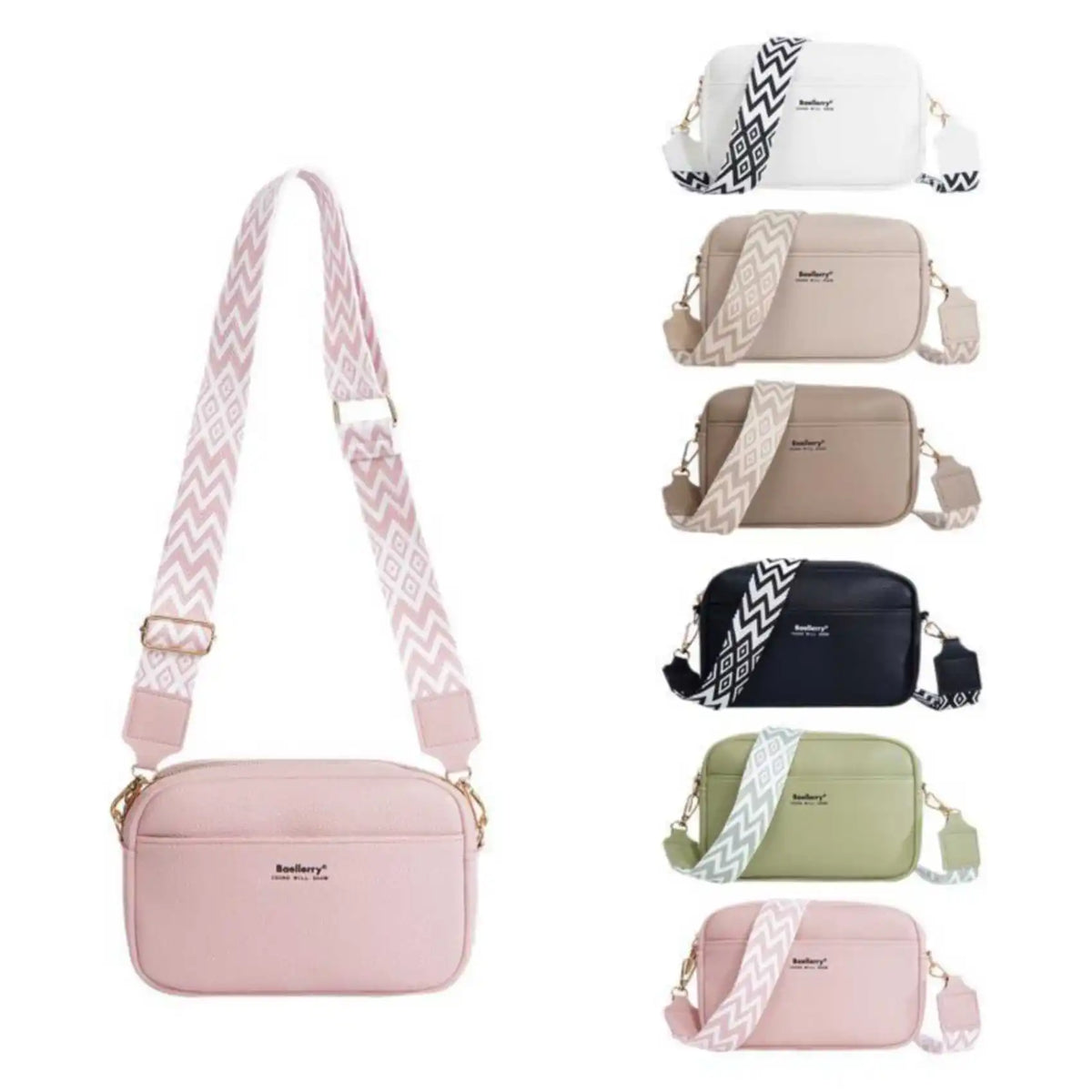 A collection of pink and beige zippered shoulder bags for phones.