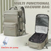 A light gray multi-functional vacuum bag backpack and its attached vacuum pump are shown on a white surface.