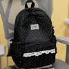 Black polka dot nylon travel backpack with a laptop compartment resting on a gray chair.