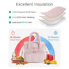 Bolsa térmica doble de color rosa impermeable con aislamiento y comida.