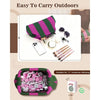 A striped knit clutch bag is shown with various nail products and sunglasses, suitable for carrying outdoors.