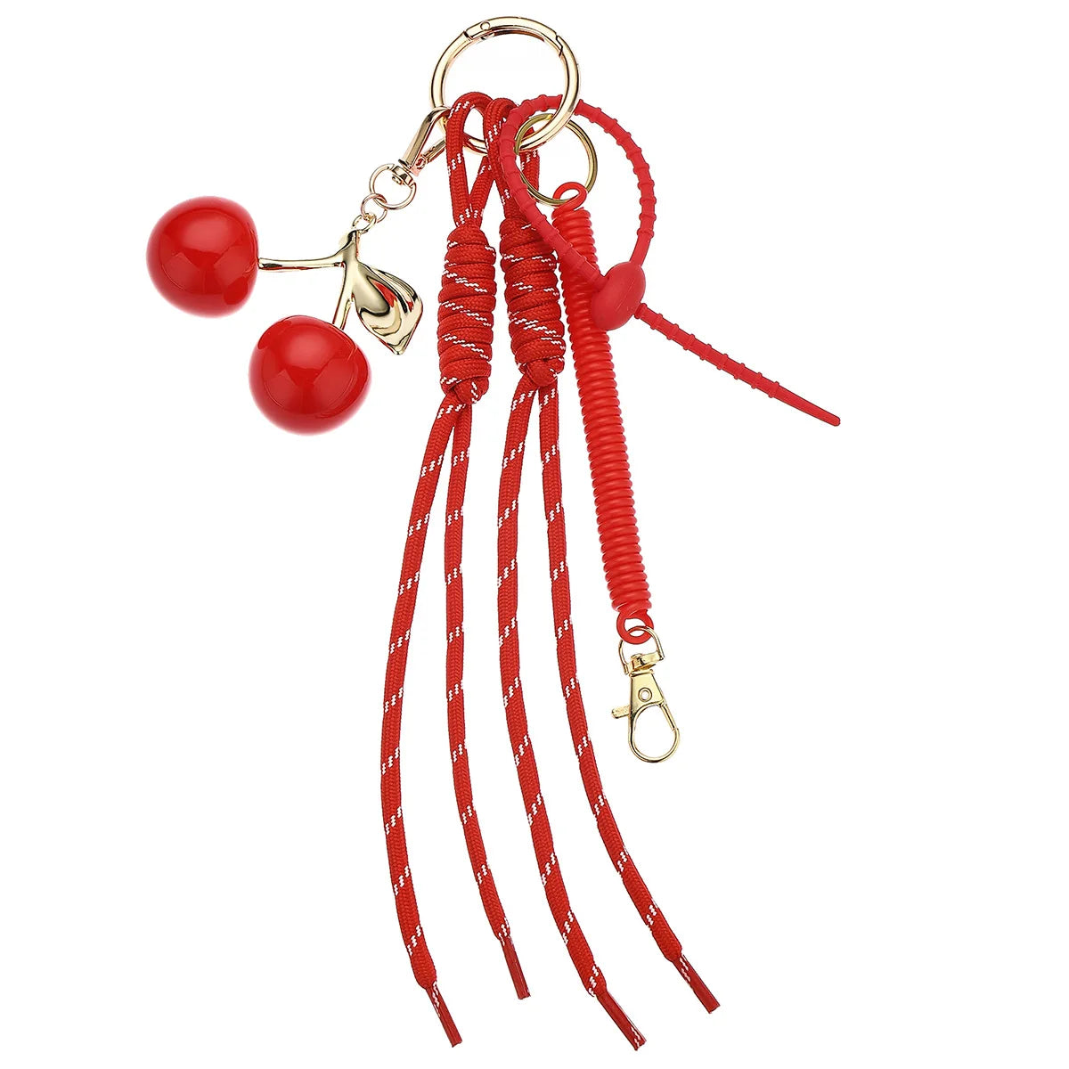 Red cherry charm bag keychain featuring a braided red rope and gold-colored hardware.