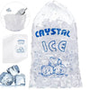 Clear reusable drawstring ice storage bag filled with ice cubes and a label reading Crystal Ice