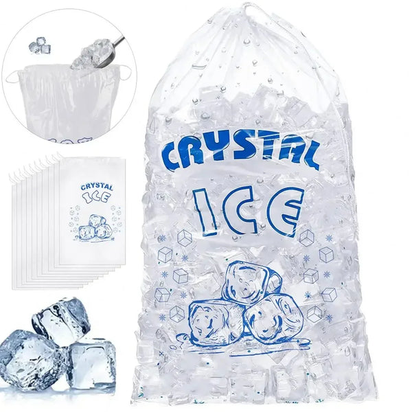 Clear reusable drawstring ice storage bag filled with ice cubes and a label reading Crystal Ice