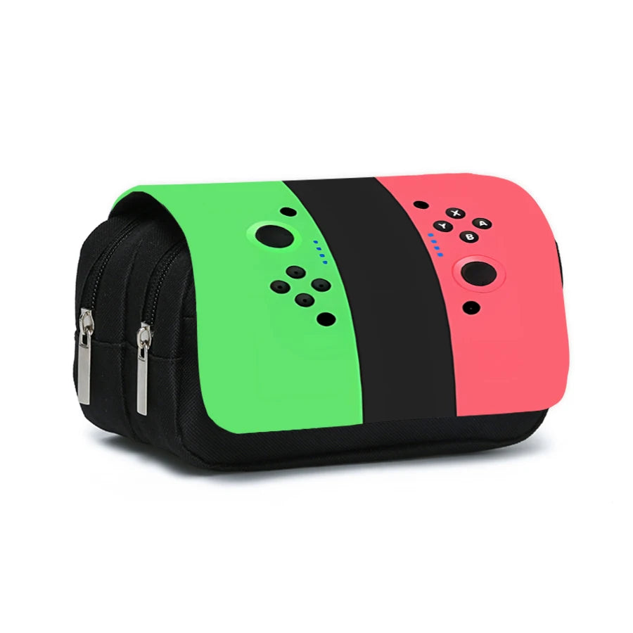 A black zippered flip pen case with a green and pink layered design.