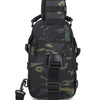 Black tactical chest bag with camouflage pattern and adjustable straps
