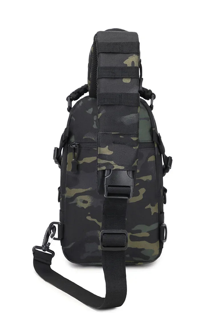 Black tactical chest bag with camouflage pattern and adjustable straps