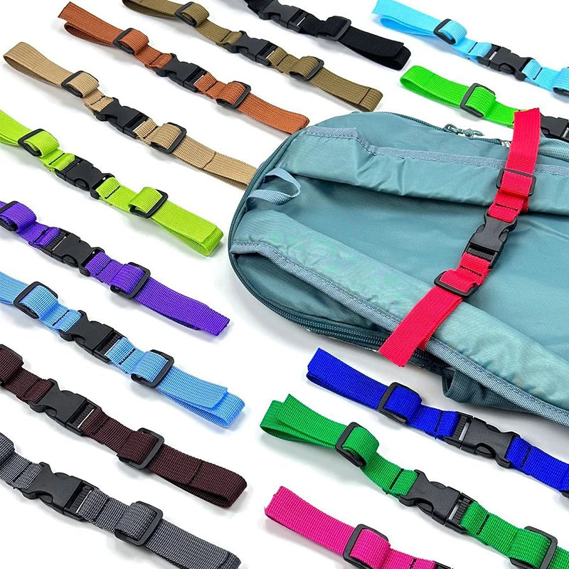 Various colored adjustable tactical backpack chest strap harnesses shown individually.