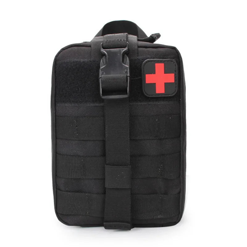 Black tactical EDC first aid kit with a red cross symbol on the front