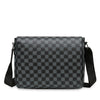 A gray plaid men's crossbody shoulder bag with a black strap.