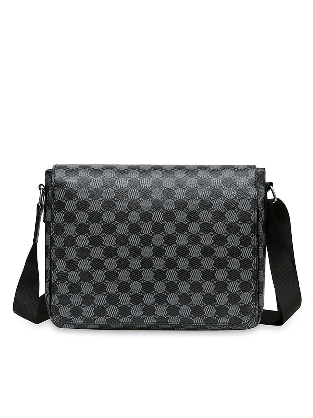 A gray plaid men's crossbody shoulder bag with a black strap.
