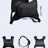 Black waterproof chest pack shown from front, side, and back views with dimension markings.