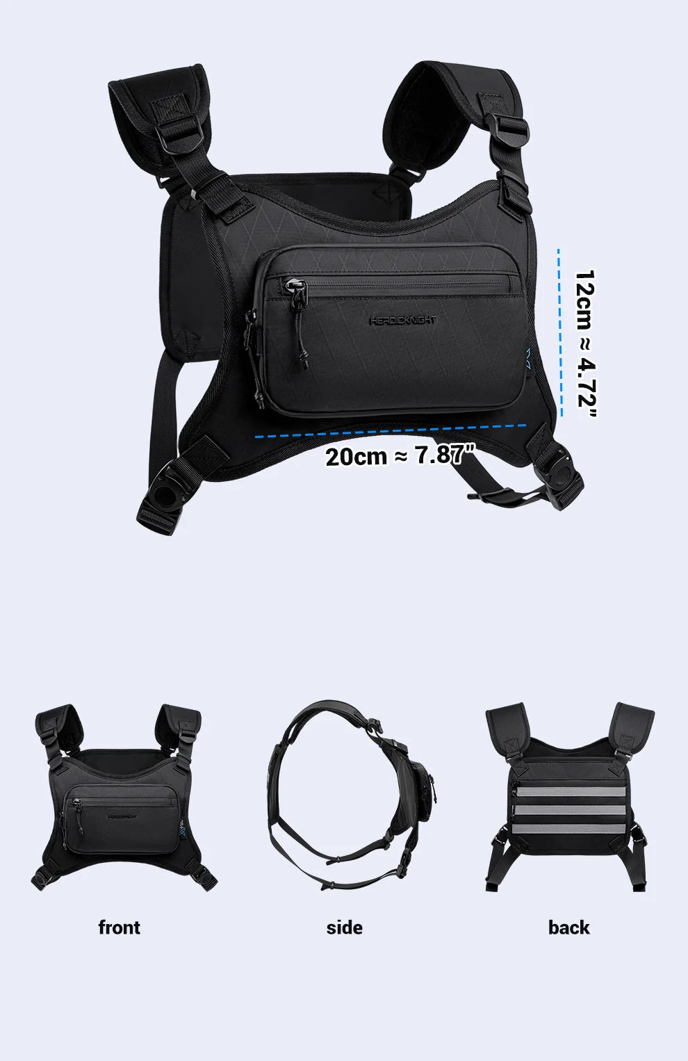 Black waterproof chest pack shown from front, side, and back views with dimension markings.