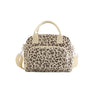 Sac de pique-nique portable en velours côtelé beige avec motif léopard noir.