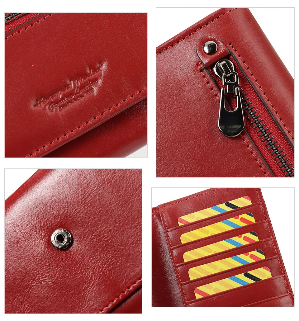 Close-up view of a red genuine leather wallet showing stitching, zipper detail, and RFID protection stripes.
